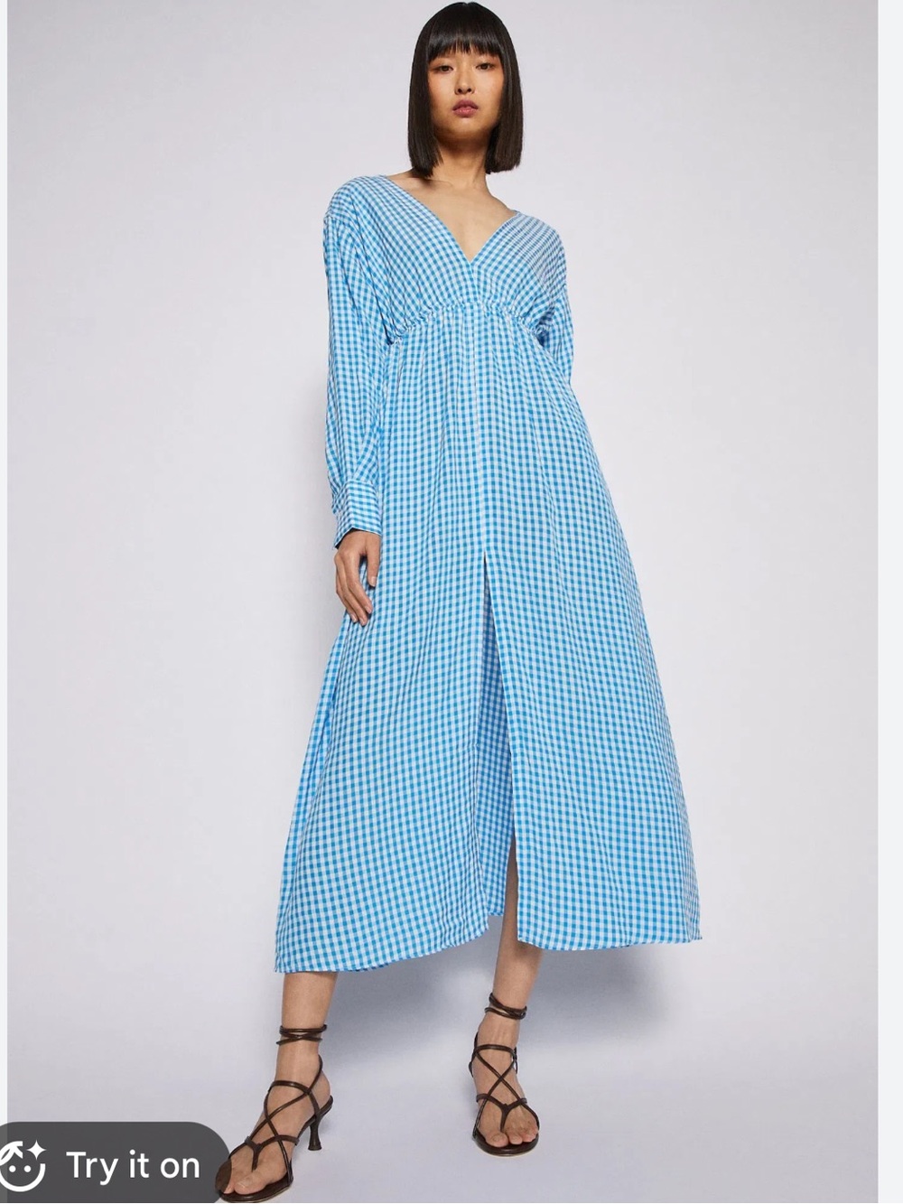 Scanlan Theodore Light Aqua Gingham V-Neck Midi Dress